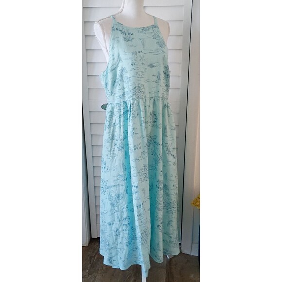 Lands' End Blue High Neck Halter Linen Midi Dress Sailboat Beach print L - Picture 2 of 10